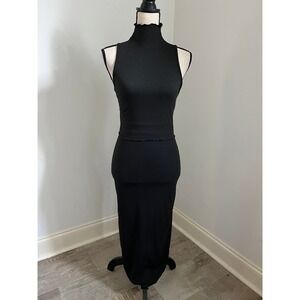 F21 Black Ribbed 2 Piece Set size Small Mock Neck Top Maxi Skirt Minimalist Chic